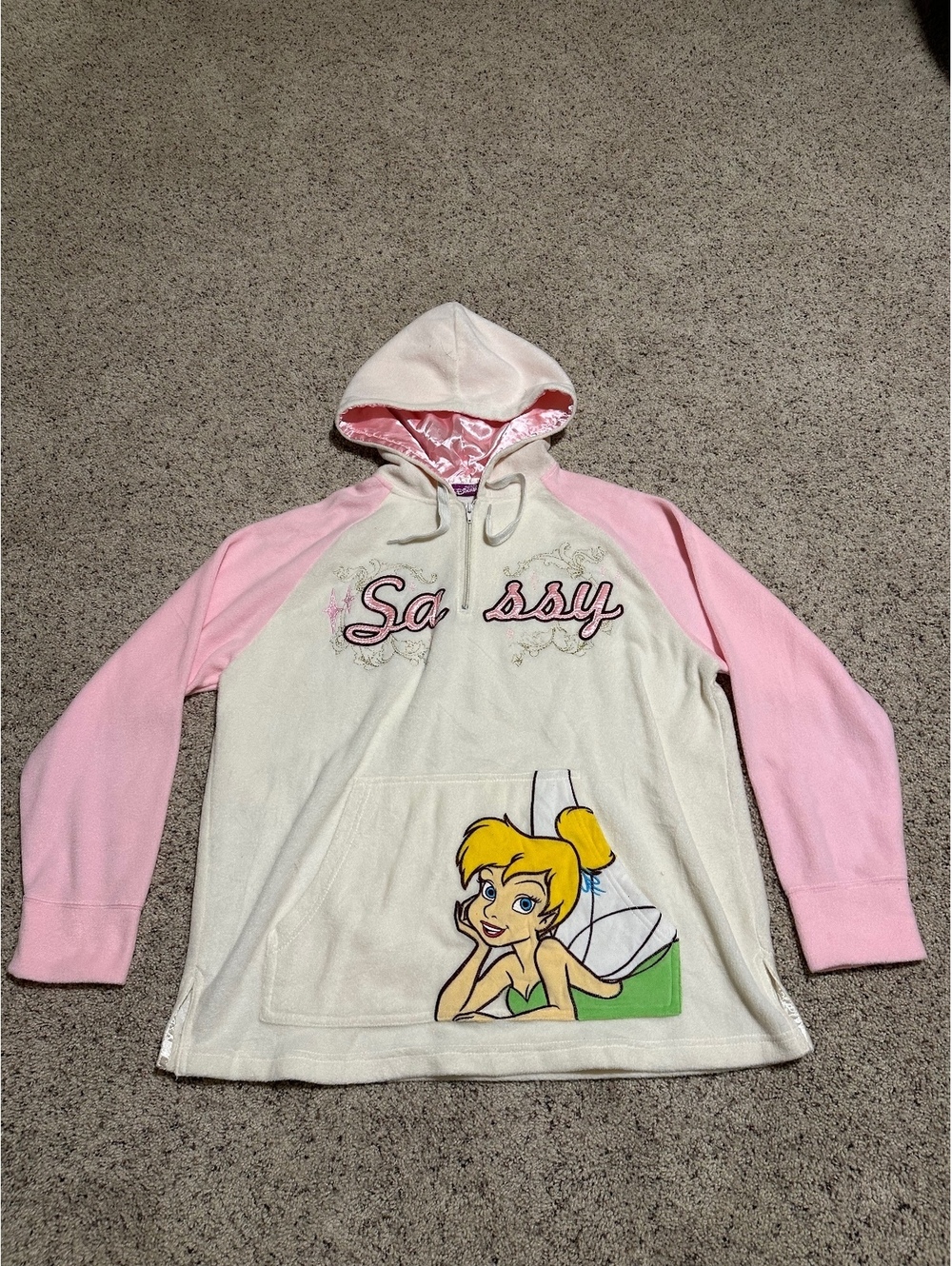 Disney Tinker Bell Sassy Half-Zip Hoodie Sweatshirt Pink and Cream Size XL